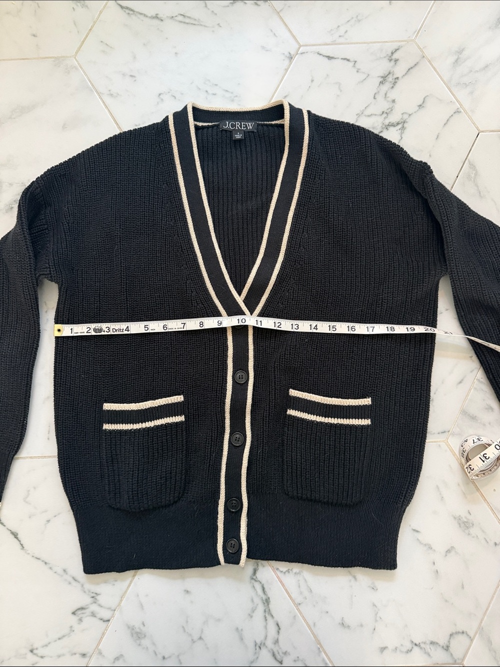 J. Crew Black Cardigan with Cream Trim and Pocket Stripes - Picture 3 of 6